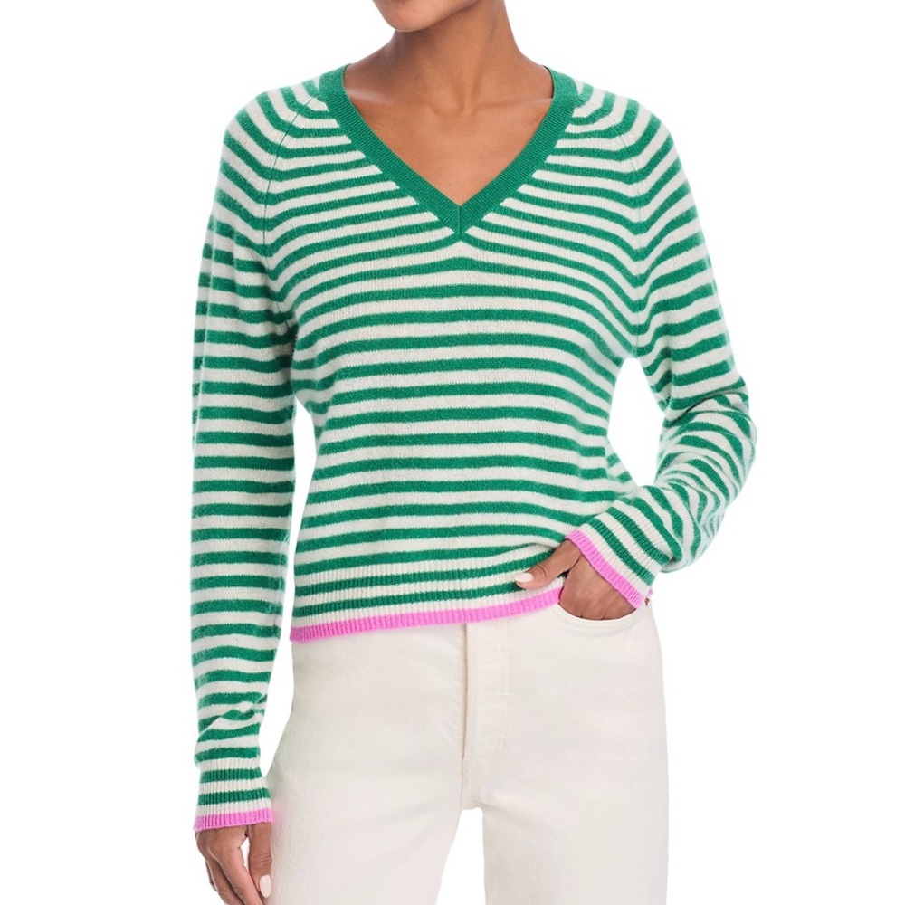 Jumper 1234 Green and White Striped V-Neck Cashmere Sweater